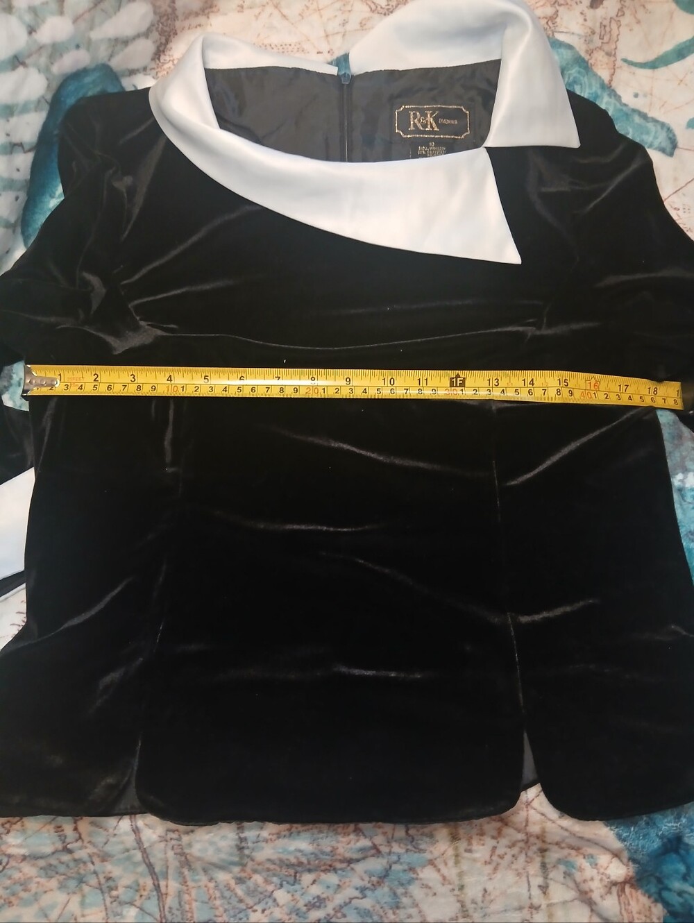 Black Velvet Blouse with White Asymmetrical Collar - Picture 6 of 6
